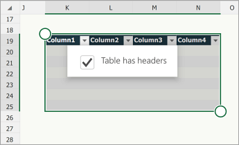 Table, with the Table has headers check box selected