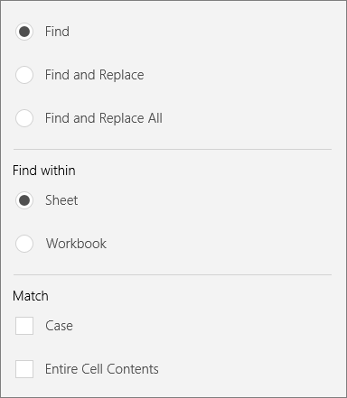 Shows More Options for Find in Excel Mobile.