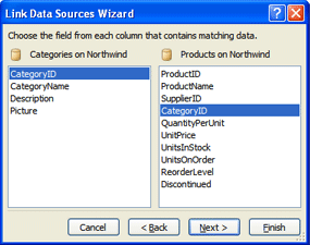 Page in Data Source Wizard that appears only when you link two tables in the same database