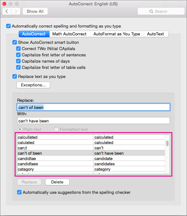 AutoCorrect Spelling And Insert Text And Symbols In Word For Mac 