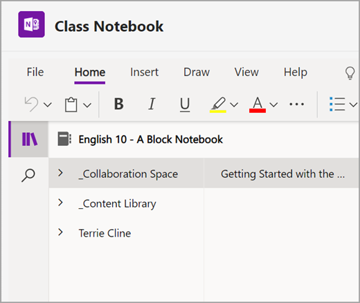 Screenshot of open Class Notebook navigation section in Microsoft Teams for Education.