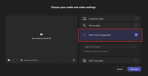 Teams prejoin screen with Room audio (suggested) option.