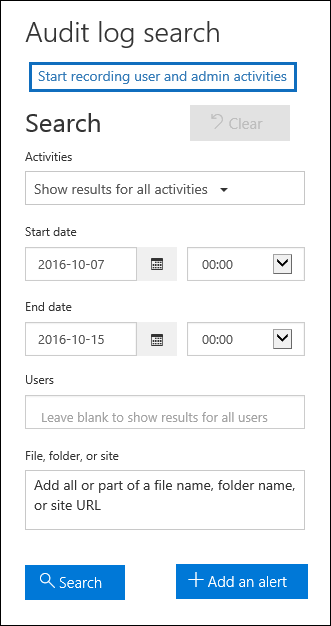 Click Start recording user and admin activities to turn on auditing