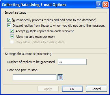 Collecting Data Using E-mail Options dialog box
