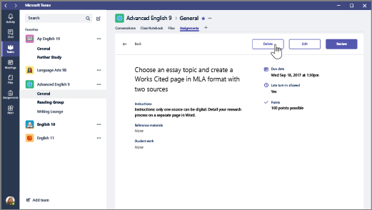 how to delete assignments in microsoft teams as a student