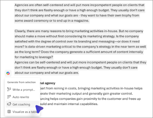 A right-click menu is open in Word, showing the "Get coaching" option.