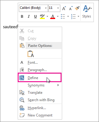 Image of rightclick menu showing the Define command