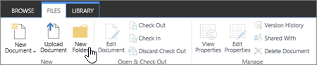 Image of the SharePoint Files ribbon with New Folder highlighted.