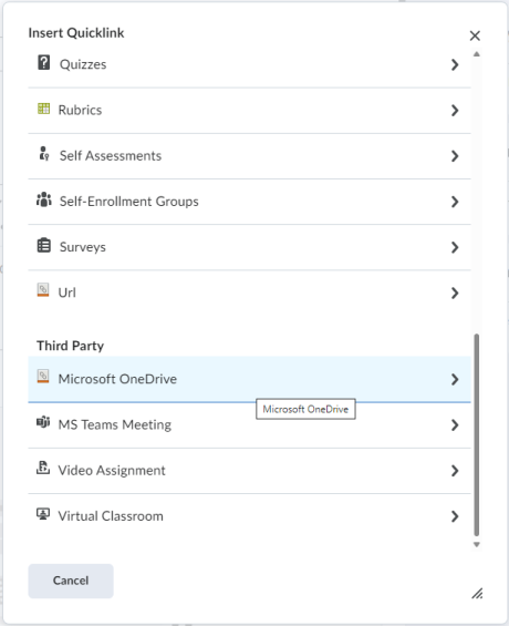 Attach OneDrive file to an assignment using the Brightspace Assignment Quicklink Attach Menu.