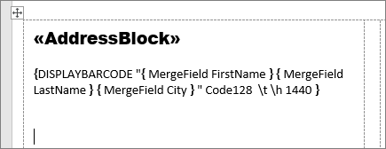 A mailing label with AddressBlock and barcode fields