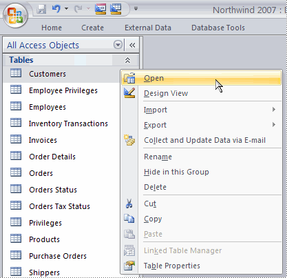 Opening a table in Datasheet view