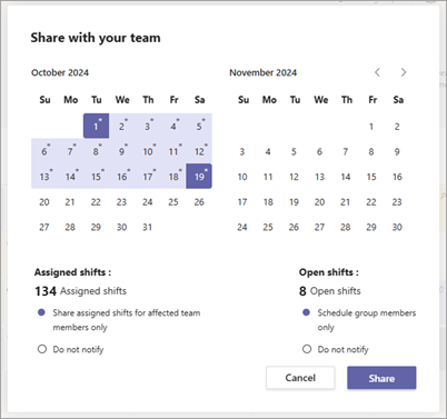 The Share with your team dialog to share a schedule in Shifts.