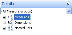 Screenshot of the Details pane, displaying Measures, Dimensions, and Named Sets