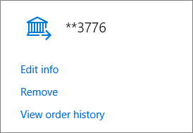 The Payment options page, showing the Edit info, Remove, and View order history links for a bank account.