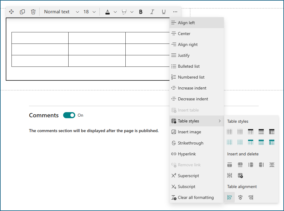 screenshot of the text and table web part editing pane