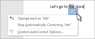 AutoCorrect options buttons and menu on a corrected work on a document