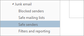 A screenshot of Safe Senders on the Options menu