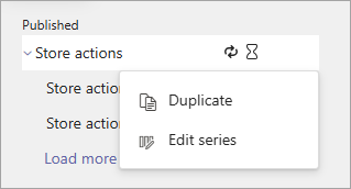Screenshot showing options on the More actions menu for a published task list series.