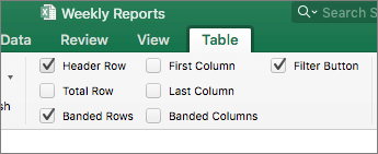 Screenshot of the Table style options on the Table tab, with check boxes selected
