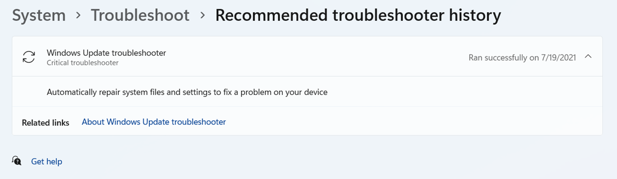 Screenshot image of the "Recommended troubleshooter history" user interface.