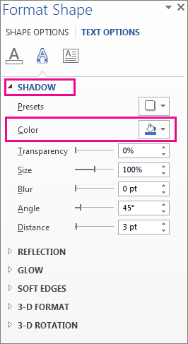 Format Shape pane with Shadow expanded showing Color button