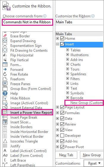 Customize the ribbons box in Excel