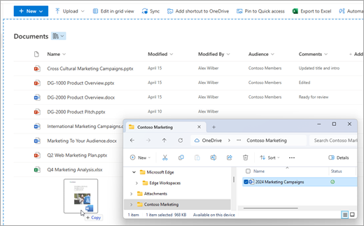 Drag and drop files from File Explorer to your SharePoint documents library.