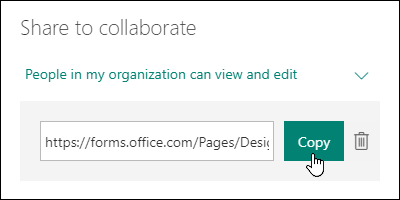 A form collaborate URL link next to a Copy and Delete buttons