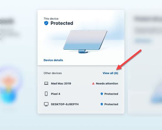 The device protection card in the center of the Microsoft Defender dashboard.