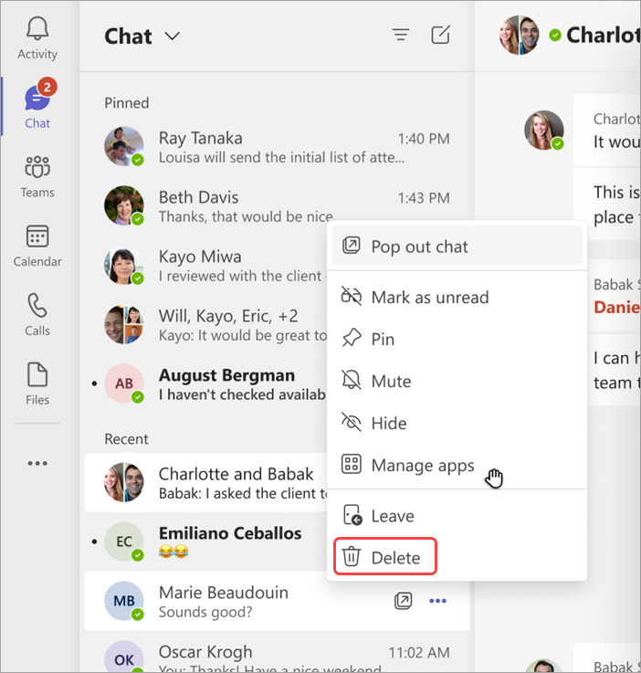Screenshot showing how to delete a chat thread