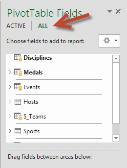 Click All in PivotTable Fields to show all available tables