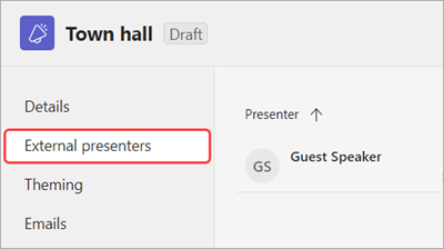 Screenshot showing External presenters tab highlighted in town hall scheduling form