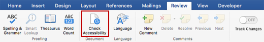 Screen shot of Review ribbon with Check Accessibility icon