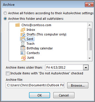 come archiviare la pianificazione in Outlook 2010