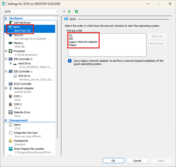 A screenshot of virtual machine (VM) settings in the Hyper-V management console with BIOS highlighted and the Startup order with the CD option highlighted at the top.