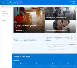 Preview of the Crisis communication team SharePoint site template. 