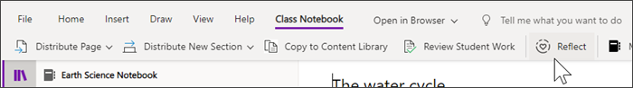 screenshot showing the tabs at the top of the class notebook page, select class notebook then reflect to create your check-in