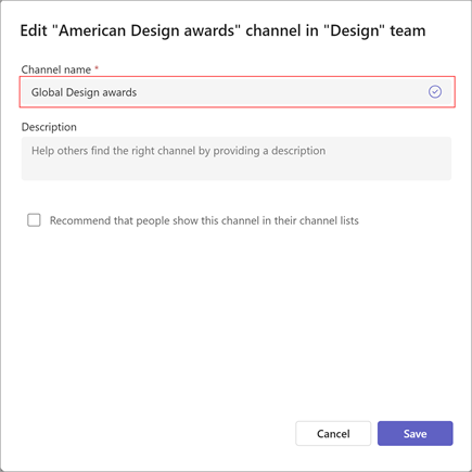 A screenshot of the window for editing a channel's name, description and visibility settings. Type the new channel name underneath Channel name.