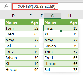 Use SORTBY to sort a range. In this case, we used =SORTBY(D2:E9,E2:E9) to sort a list of people's names by their age, in ascending order.