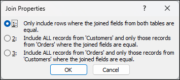 Join Properties dialog in Access shown with three options of joins. the first option is selected which states to only include rows where the joined fields from both tables are equal.