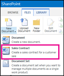 Drop down from New Document menu showing a Sales Contract content type.