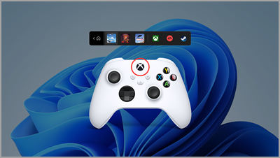 An Xbox controller with the Nexus button circled, shown on top of a Windows 11 desktop with controller bar opened