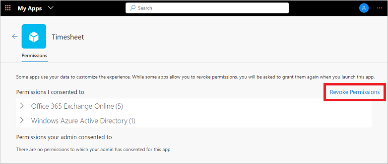Revoke permissions for an application in the My Apps portal