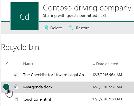 SharePoint Online recycle bin with item highlighted