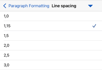 Line spacing options in Word for iOS.