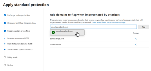 The add domains to flag when impersonated by attackers dialog, showing domains being added to the list.