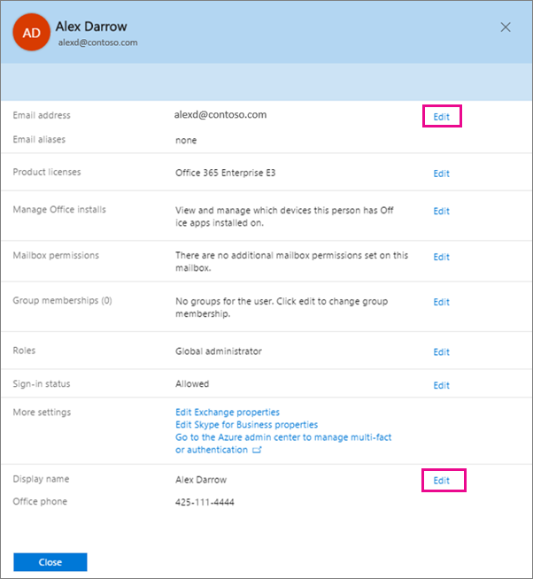 The user properties page in Office 365