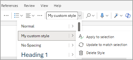 Shows the style menu in Word for the Web, with the "Update to match selection" option in an expanded menu.