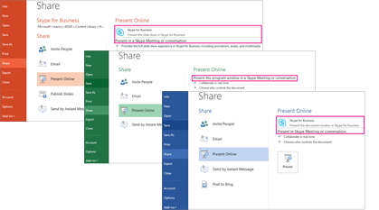 Screen shots of PowerPoint, Excel, and Word Share screens with Skype for Business option highlighted