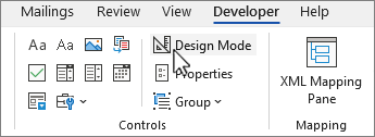 Developer tab with Design mode button selected